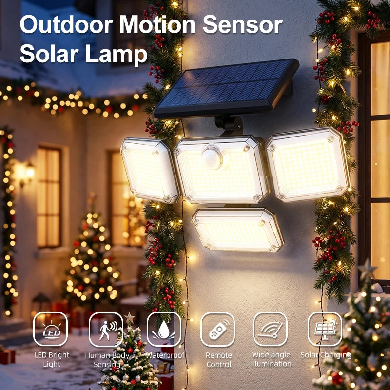 5000LM Outdoor Motion Sensor Lamp 333 LED IP65 Waterproof 4-Head Solar Power Light  Flood Lights 270° Lighting Range Outdoor Indoor Solar Garden Lamp With Adjustable Head Wide Lighting