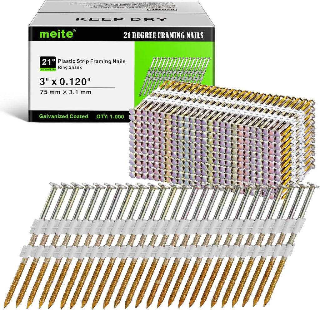 3-Inch Galvanized Framing Nails, Ring Shank, Plastic Collated, 21-Degree Angle for Structural Use, 1,000 Pieces