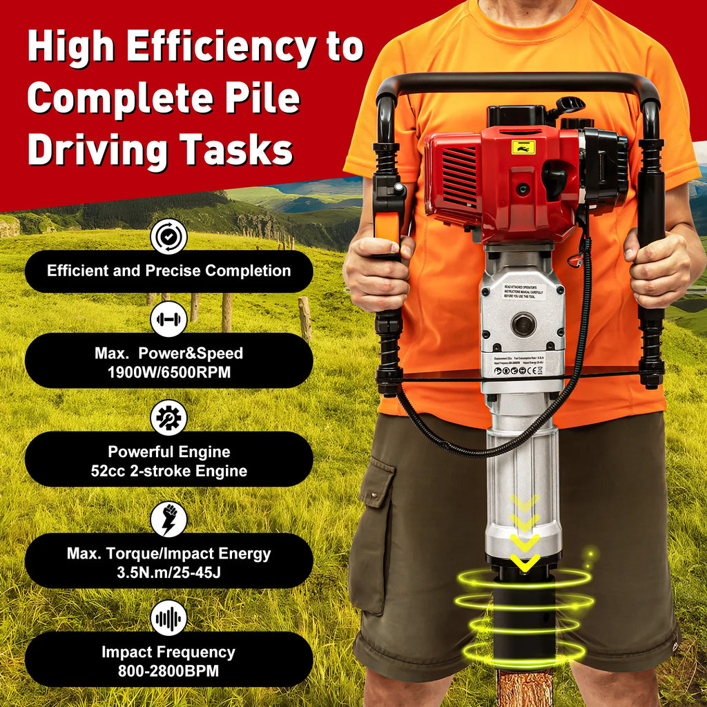 52CC 2-Stroke Gas Post Driver with Anti-Vibration Handle, Heavy Duty Impact Driver for Fencing Construction, Quick Change 2 Socket Sizes for T-Post Wood Post Agricultural Piling Work