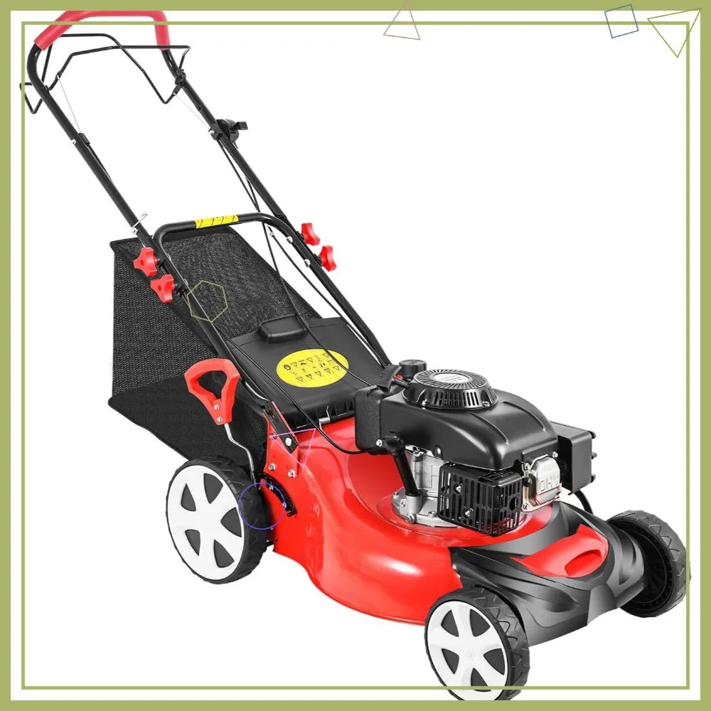 140cc 4-Stroke Self-Propelled Gas Lawn Mower, 20.5in High Wheel RWD, With Bag, Adjustable Height