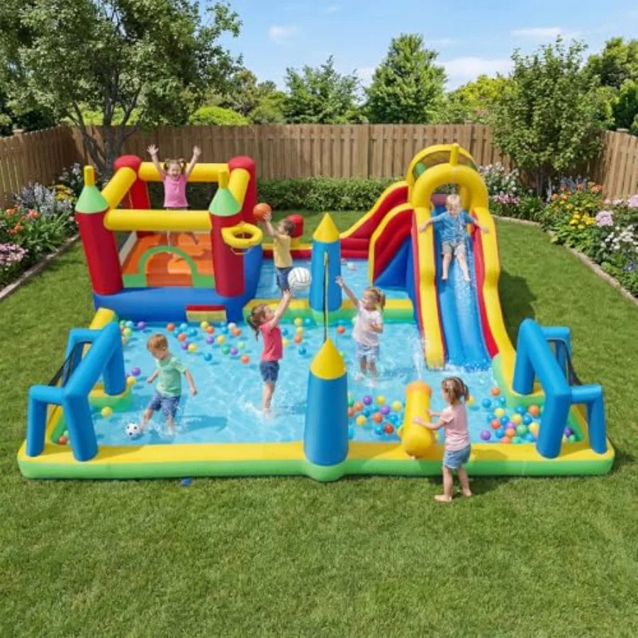 Yao Hui Huang Backyard party inflatable water slide bounce house combo with football/volleyball/basketball area giant splash pool 9-in-1 outdoor play center