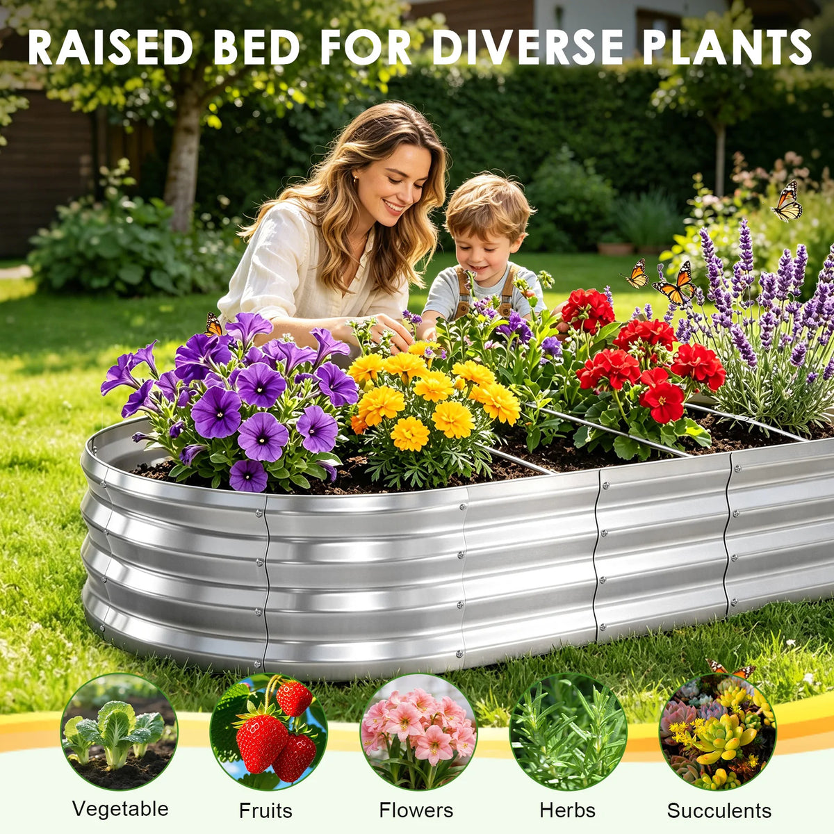 Galvanized Raised Garden Bed Outdoor, Large Raised Bed for Gardening, 8x2x1FT Metal Planter Box for Vegetables, Fruits, Flowers, Easy Assembly with Wing Nuts & Safe Rolled Design Silver/Light Green