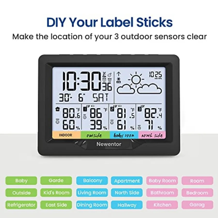 Weather Station Wireless Indoor Outdoor Multiple Sensors, Digital Atomic Clock Weather Thermometer, Temperature and Humidity Mo
