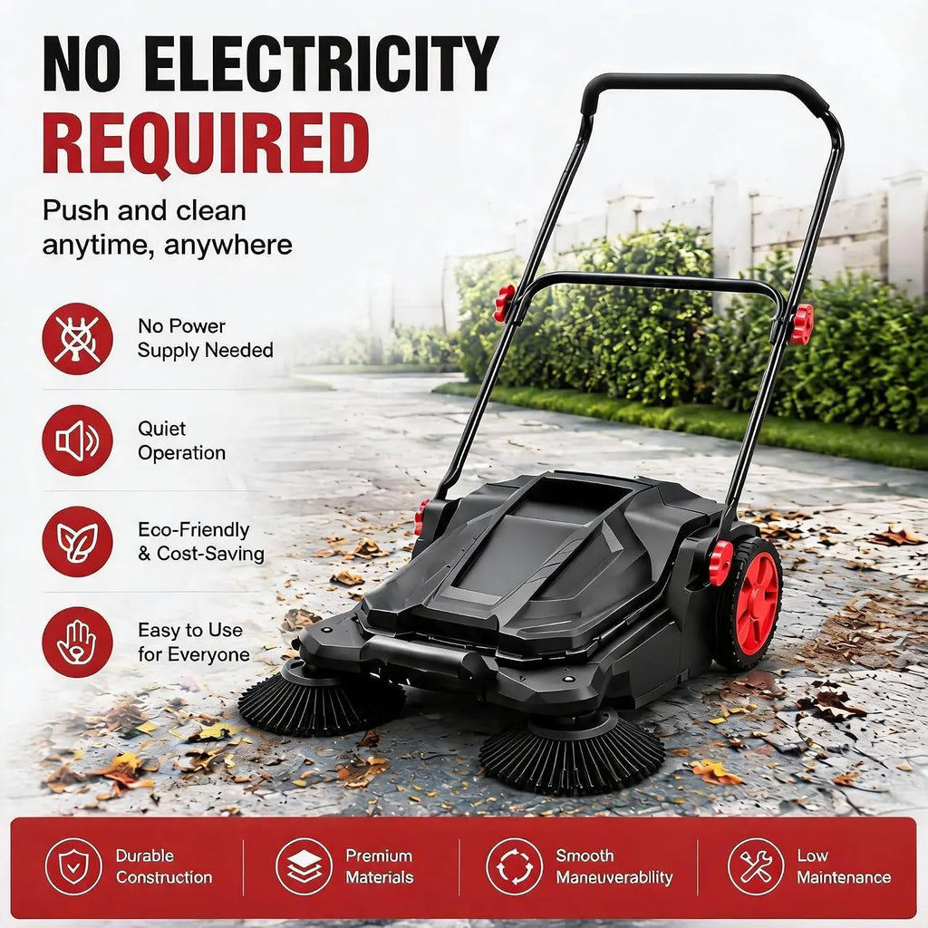 Twister.Ck 26" Hand Push Walk-Behind Sweeper, 5-Gallon Debris Container, Multi-Adjustable Folding Handle — Lifts Flattened Grass & Sweeps Debris