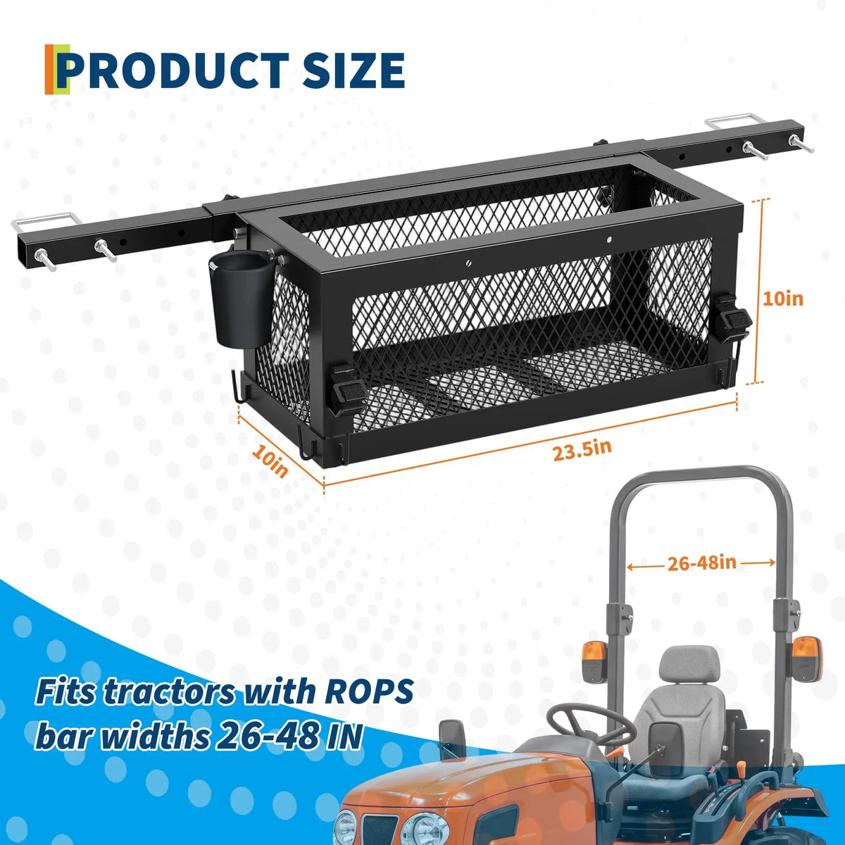 Studyset Heavy Duty Universal Tractor Tool Box Attachment, 23.5 X 10 X 10 Multi-Function Tool Basket, Storage Holder Compatible With Kubota Tractors, Zero Turn Mower
