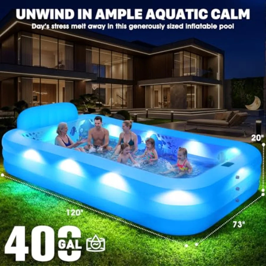 AlxPool Extra Large Inflatable Pool with Lights PVC Blue Solar-Powered LED Lighting Built-in Seat/Backrest for Backyard Use 120"x73"x20"