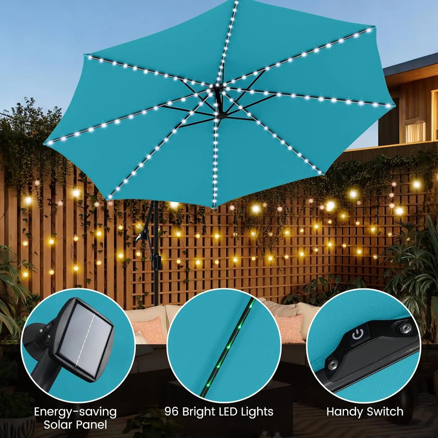 10 FT Solar Patio Umbrella with Base Included, Cantilever Offset Hanging Outdoor Umbrella with 96 Multi-Colored Solar Lights
