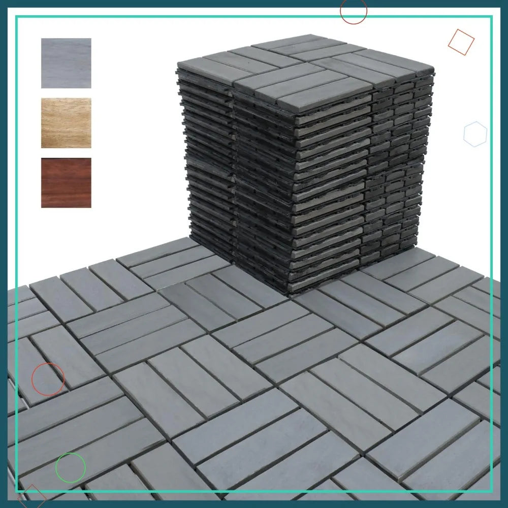 Acacia Wood Deck Tiles, Interlocking Outdoor Indoor Flooring Mats. (12x12 Pack 30, Light Gray)