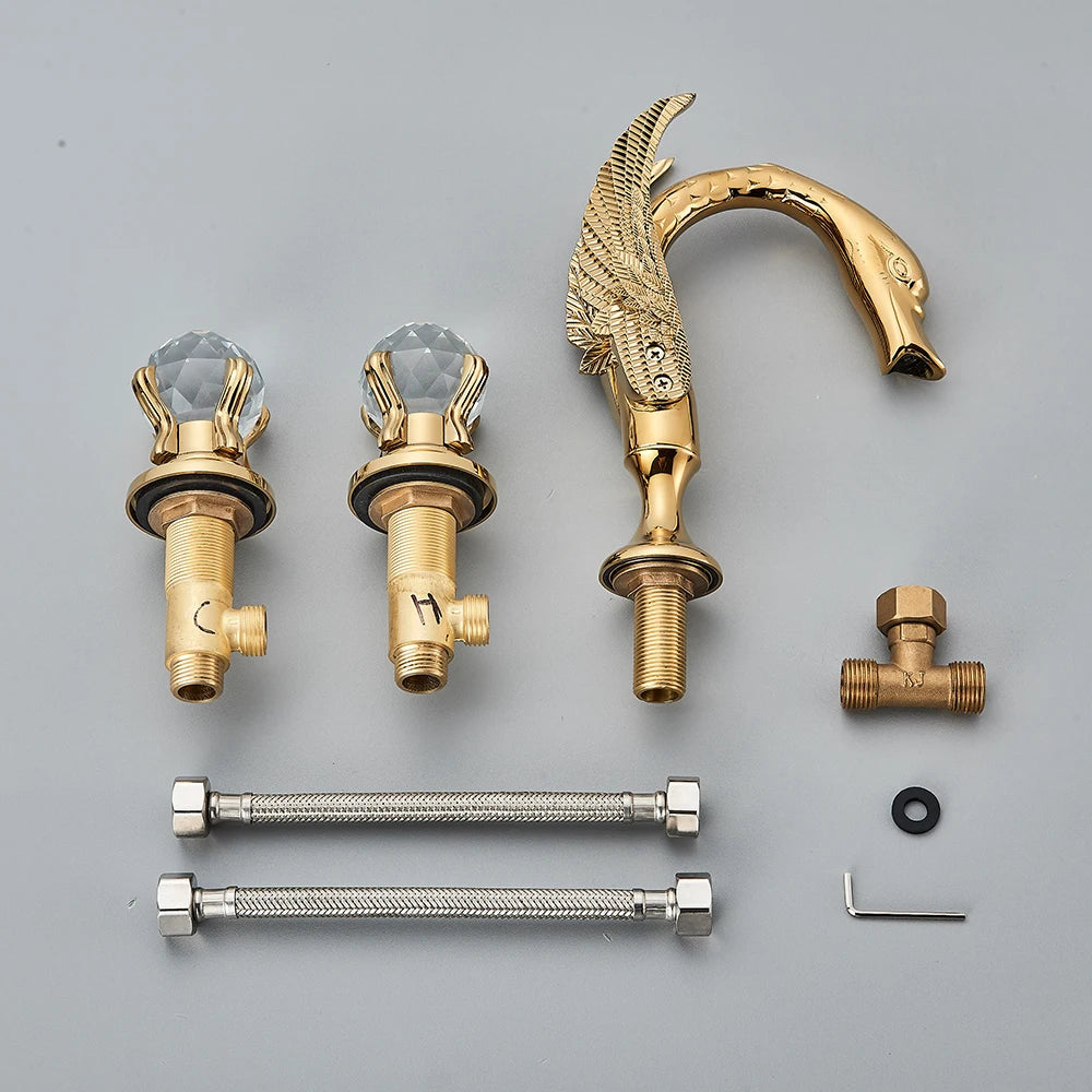 Gold Swan Bathroom Sink Faucet With Dual Crystal Handles, Deck Mount