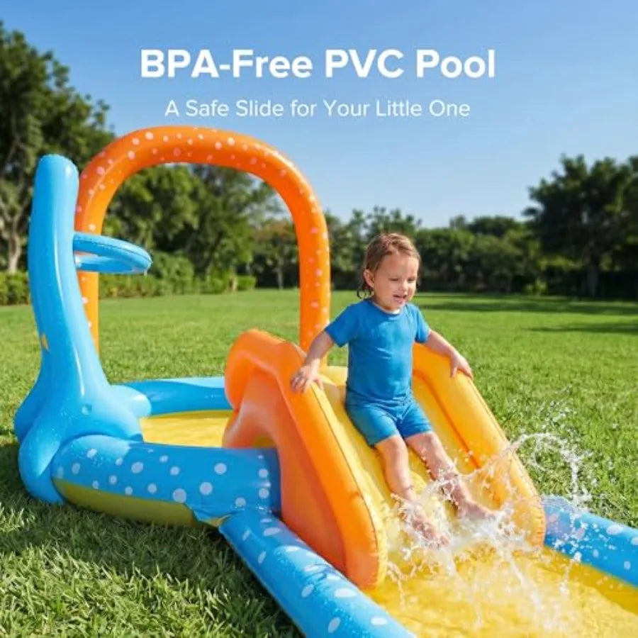 Outdoor backyard inflatable kiddie pool with slide for toddlers PVC material blue and yellow quick-inflate design and splash pool Kiddie Pool With Basketball hoop
