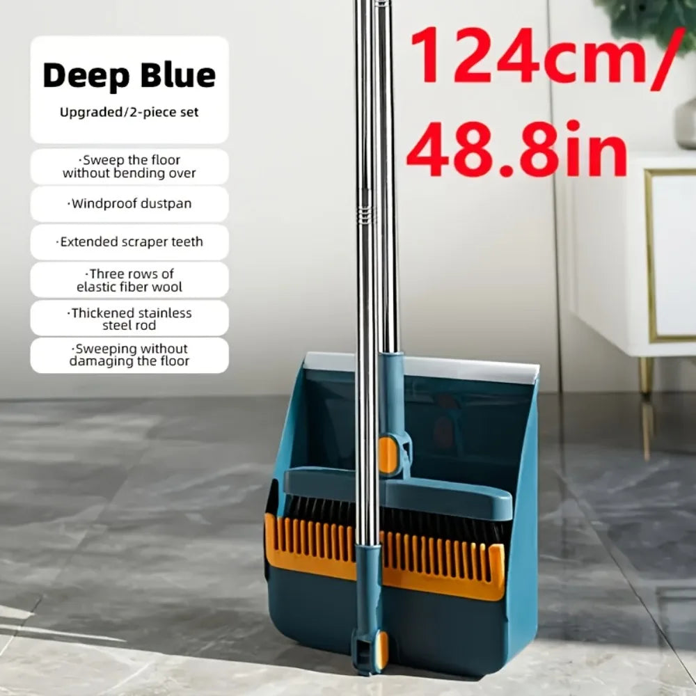 Long Handle Broom and Dustpan Set with Comb Teeth - Durable Floor Cleaning Tools for Pet Hair Removal, Home & Office Use