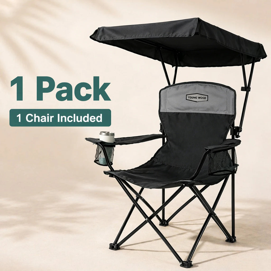 Black Portable Beach Chair with Cup Holder & Side Pocket, Duty Lawn Chair with Carry Bag for Camping, Beach, Fishing, Patio, Hiking, YOUNG WOOD Outdoor Folding Camping Chair with Adjustable Canopy