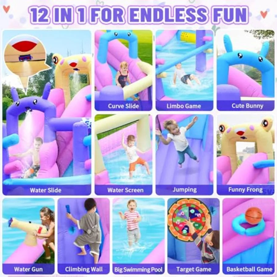 Yao Hui Huang Backyard inflatable bounce house water slide combo: PVC blue/pink/purple/yellow includes climbing wall, basketball hoop, splash pool, water cannon and blower