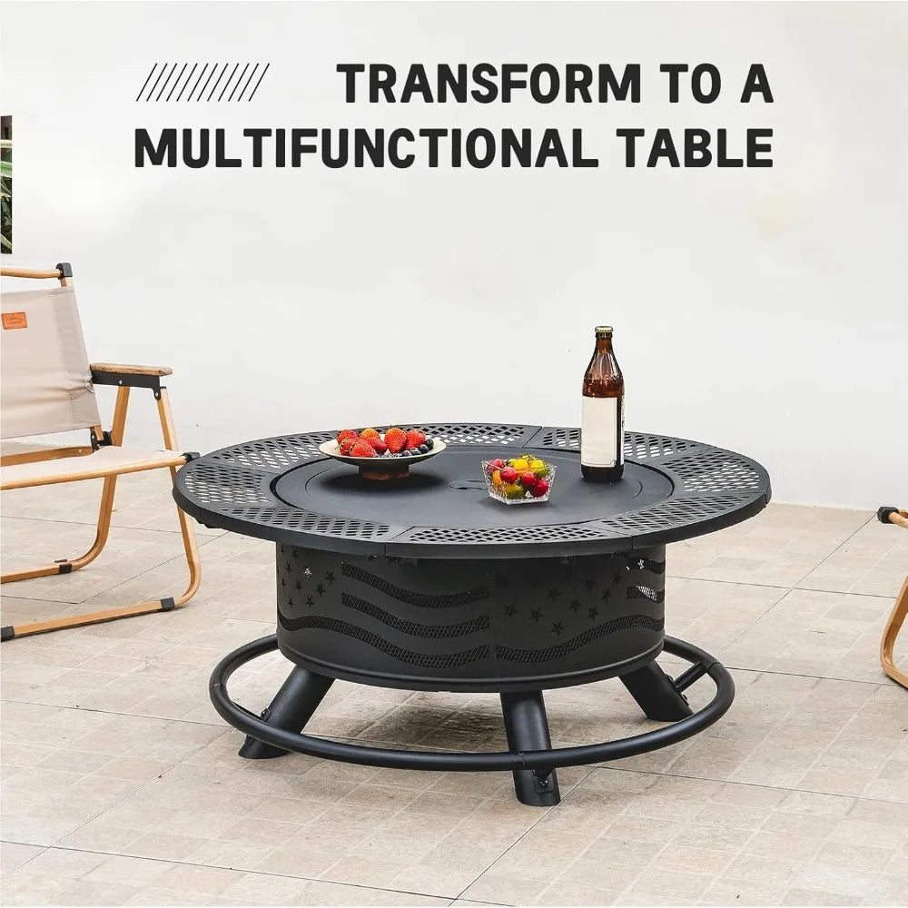 36 Inch Fire Pit with 2 Cooking Grates, Outdoor Wood Burning BBQ Grill Firepit Bowl with Cover Lid, Steel Round Table for Backya