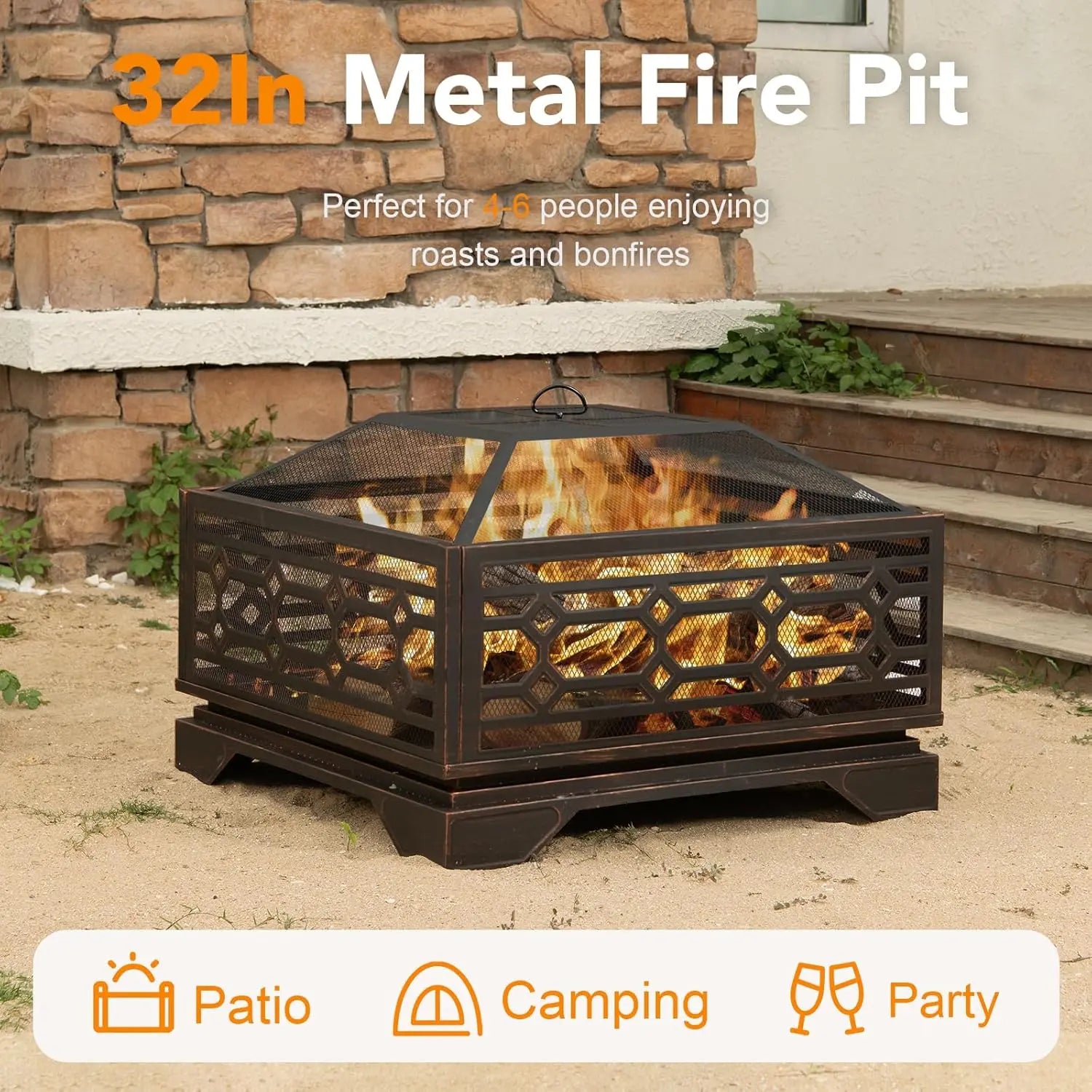 Outdoor Fire Pit, 32 Inch Wood Burning Firepit: Outside Firepit With Mesh Cover & Fire Poker, Large Square Metal Firepit, Customized