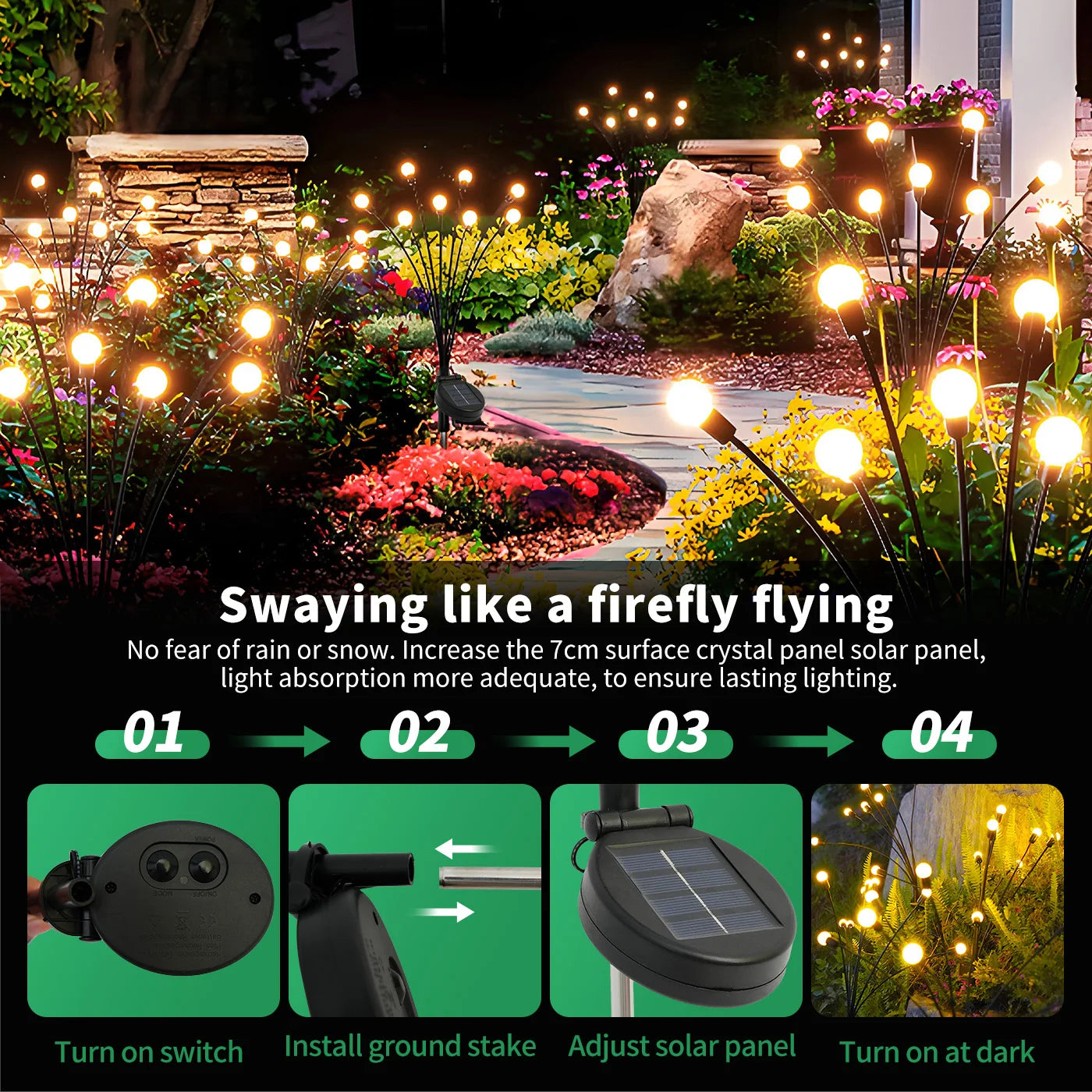 8-Head Solar Firefly Lights, LED, Solar, Outdoor, Garden, Waterproof, High Flexibility, 2/4/6 Packs