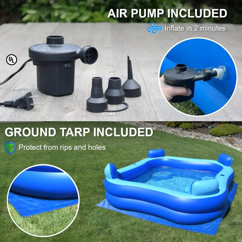 Inflatable Pool w/Seats & Headrests, 8ft x 8ft, Comes with Electric Pump and Ground Tarp Included - Fast Setup and Reinforced Se