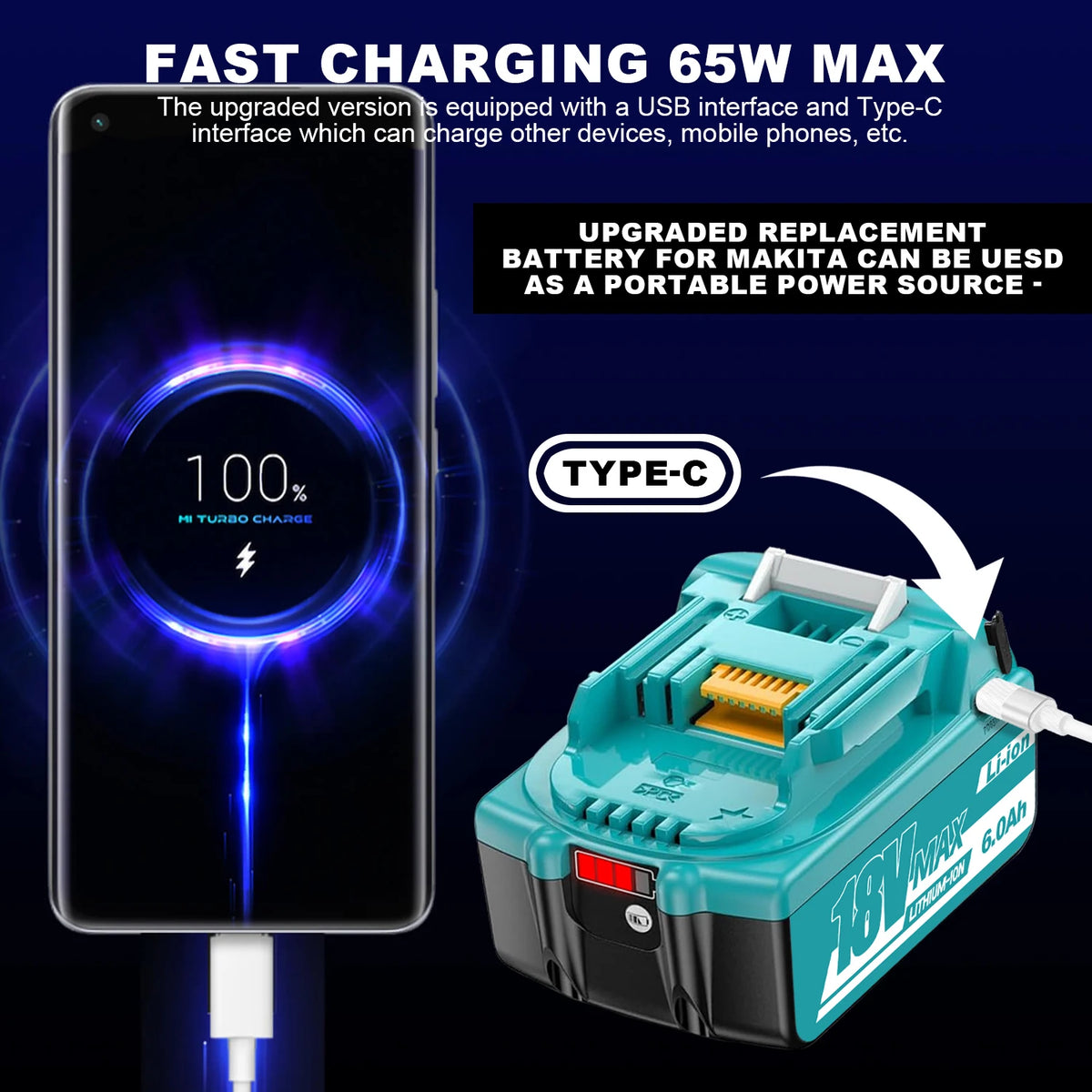 Type-C Version 18V Replacement Battery for Makita BL1860B 6.0Ah High-Capacity Cordless Power Tools Can Be Used as a Power Bank
