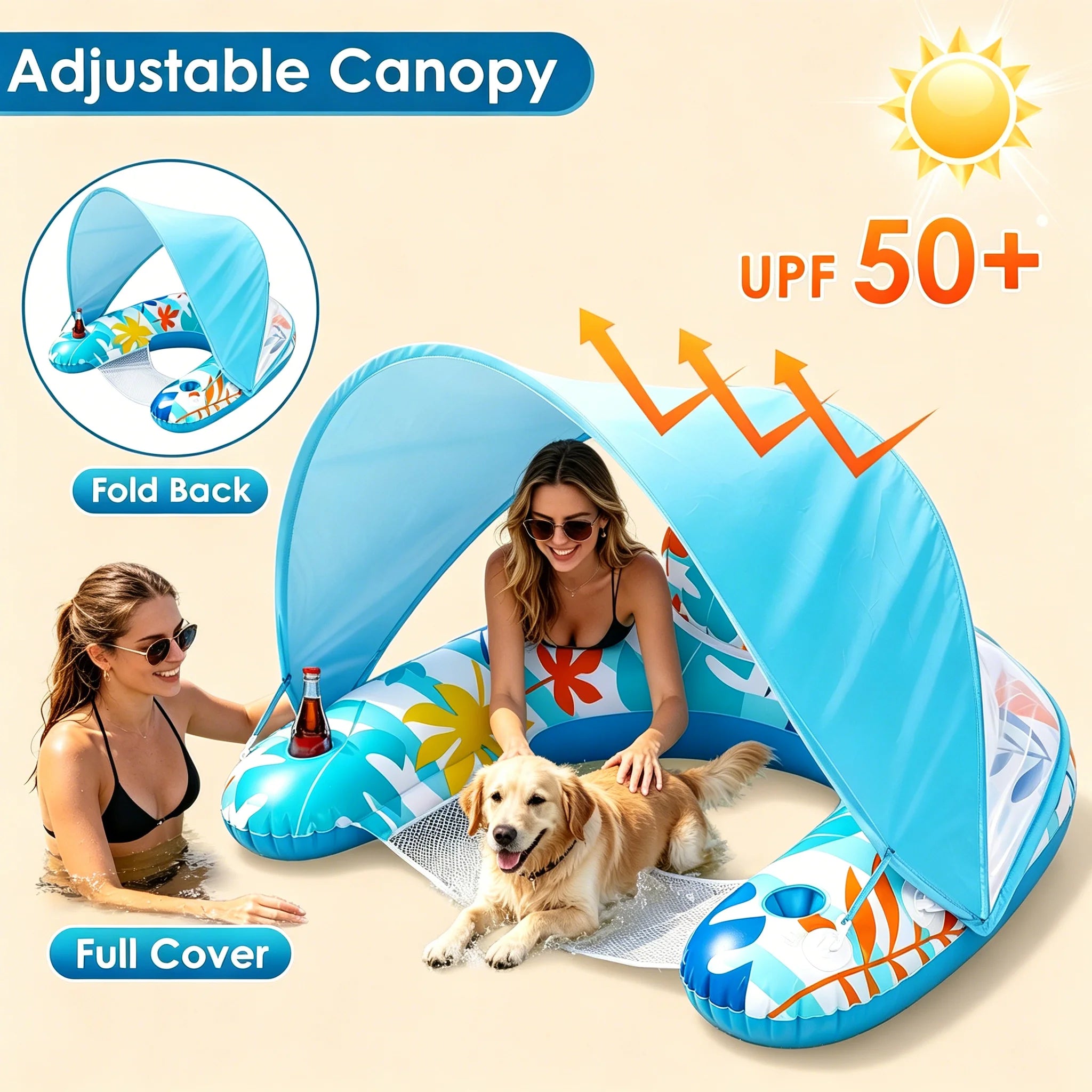 Pool Float with Adjustable Canopy, Adult Inflatable Lounge Chair Float, Leisure Water Toy with Sun Shade, Cup Holder and Phone Holder for Pool, Beach & Lakeside Relaxation