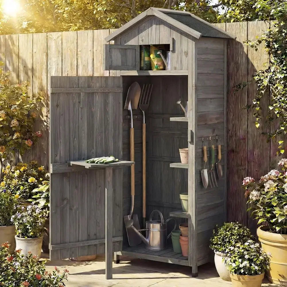 70 Tall Outdoor Wooden Storage Shed with Folding Table and Removable Shelves for Garden, Patio, or Backyard (Grey, 30x20x70)