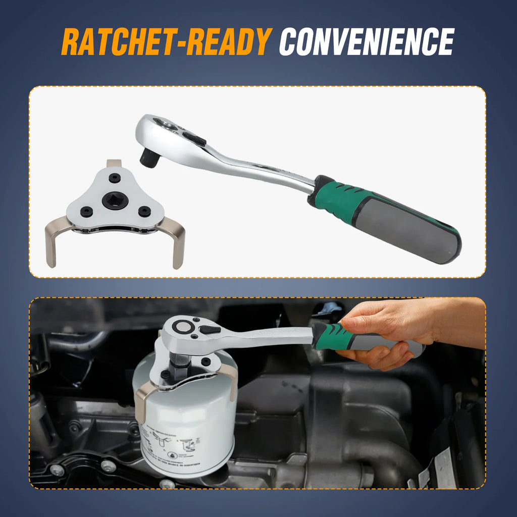 Gooacc Universal Oil Filter Wrench Set with 3/8 Inch Drive Ratchet and 3-Jaw Tool, 2-1/8 To 4-1/2 inches(54-115mm), Universal Tool for Cars Trucks and Mechanics