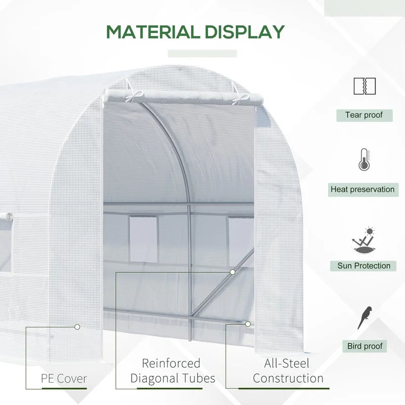 Outsunny 15' x 7' Walk-In Tunnel Greenhouse Kit with 6 Roll-Up Windows, Roll-Up Door, Steel Frame, White