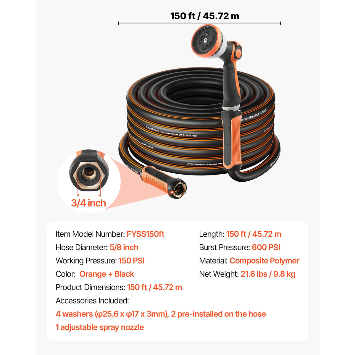SucceBuy Garden Hose Heavy Duty Rubber Water Hose Flexible & Non-kink Outdoor Water Hose 25, 50, 75, 100, 125, 150Ft Lightweight Hoses for Gardening Cleaning