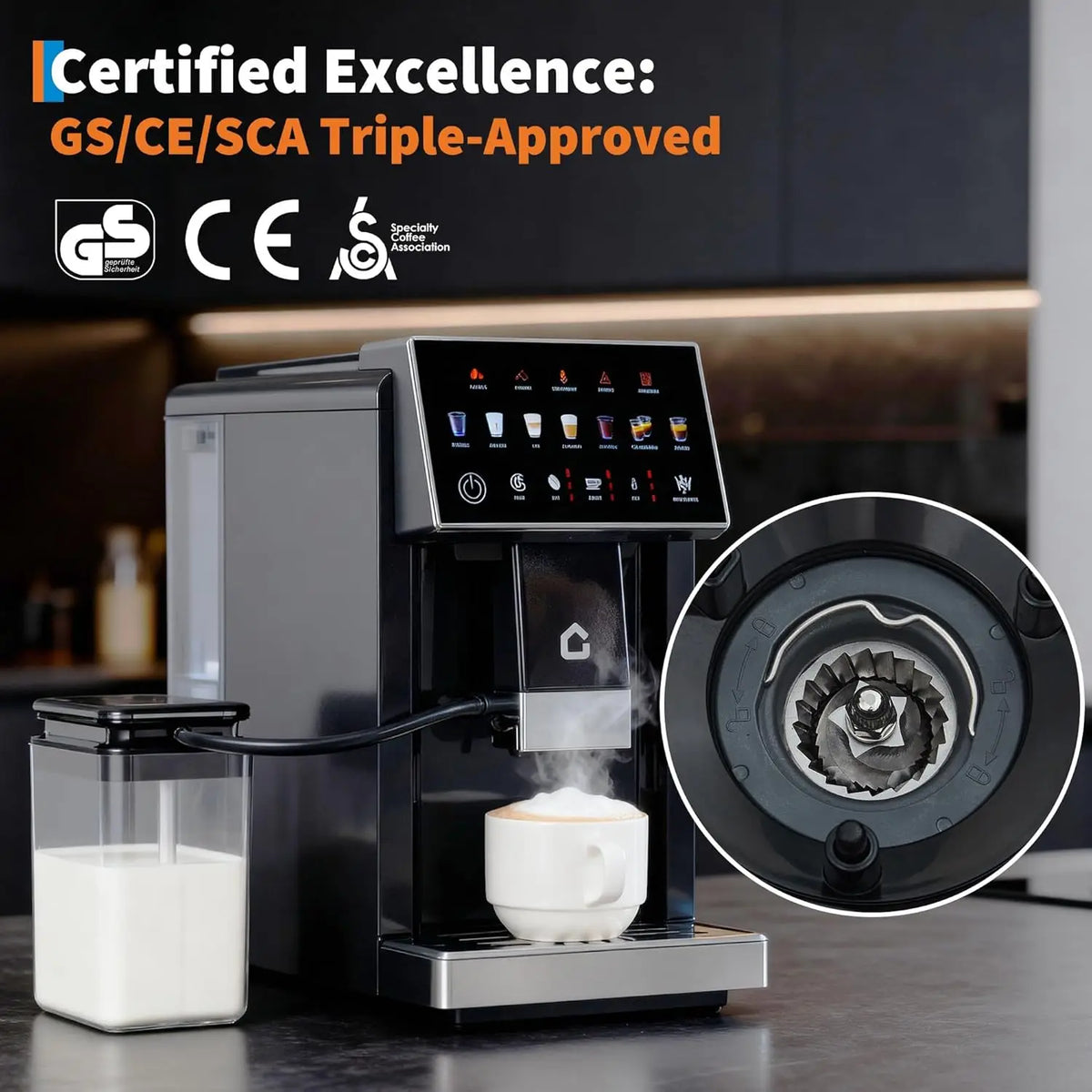 Acekool 3rd-Gen Espresso Coffee Maker with Milk Frother - Removable Brewer & Grinder, Adjustable Coarseness/Flavor, Detachable Milk Tank