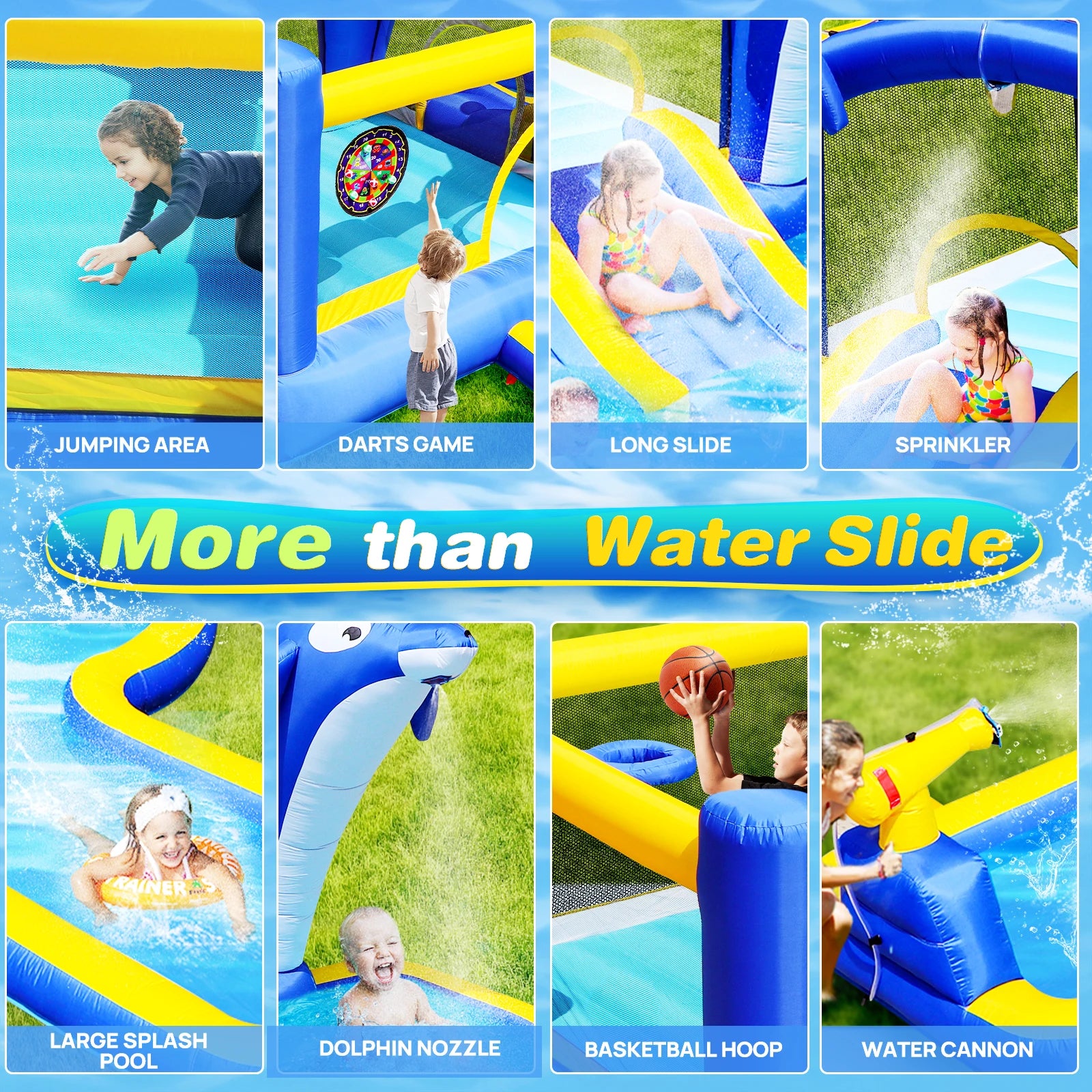 8 in1 Inflatable Slide Water Park Trampoline Bouncing House Outdoor Garden With Dolphin Sprinkler Target Games Water Gun Basketball