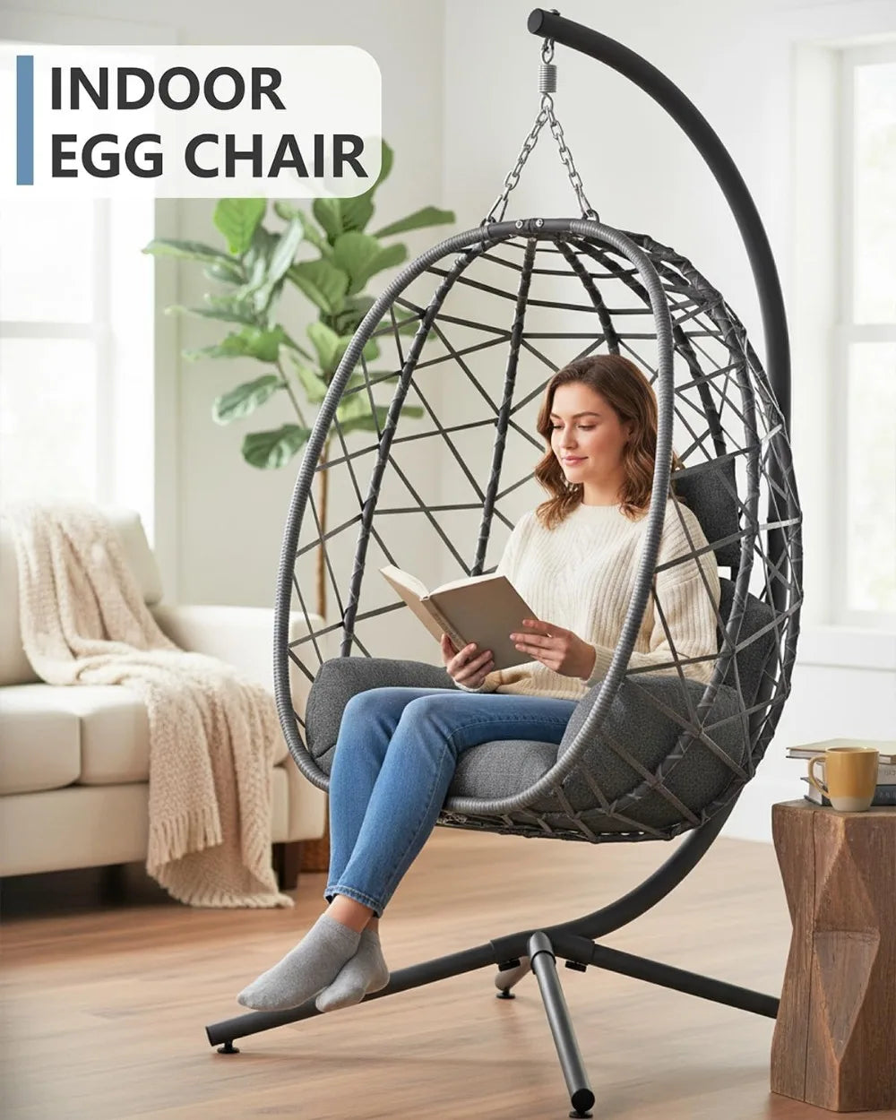 Hanging Egg Chair with Stand, Outdoor Rattan Wicker Swing with Cushion, Heavy Duty Patio Hammock for Garden, 400LBS Capacity