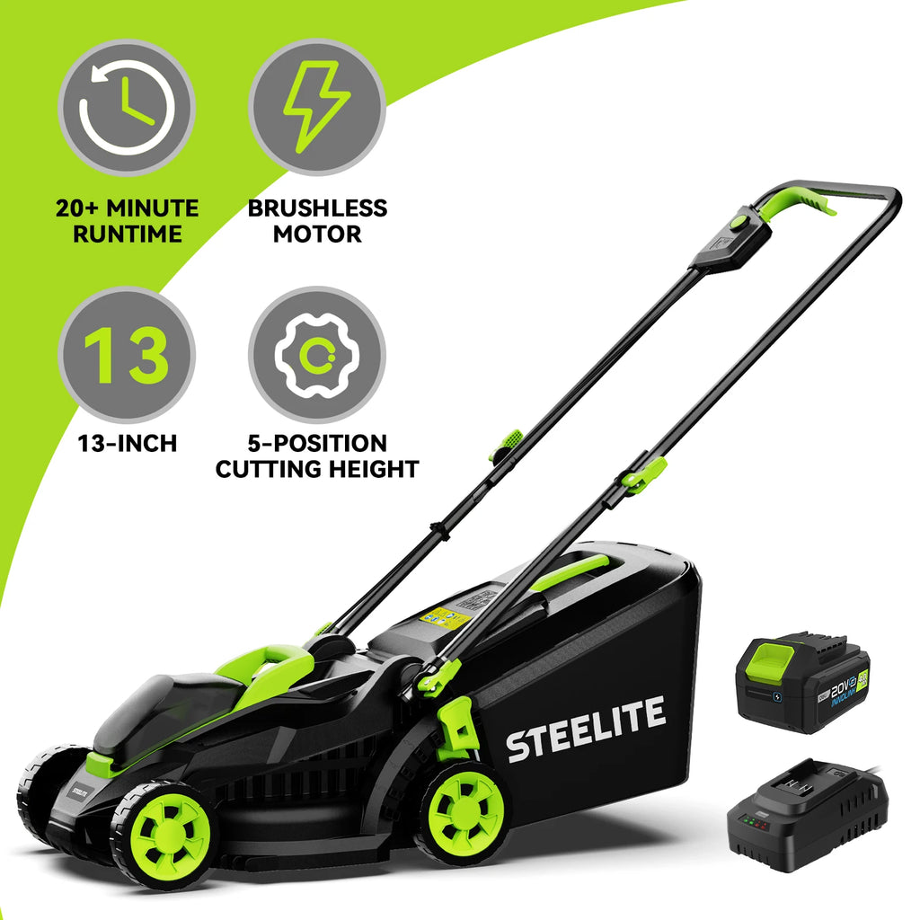 13" Electric Lawn Mower, Lightweight, Cordless, Brushless. 21V 4.0Ah Battery and Charger