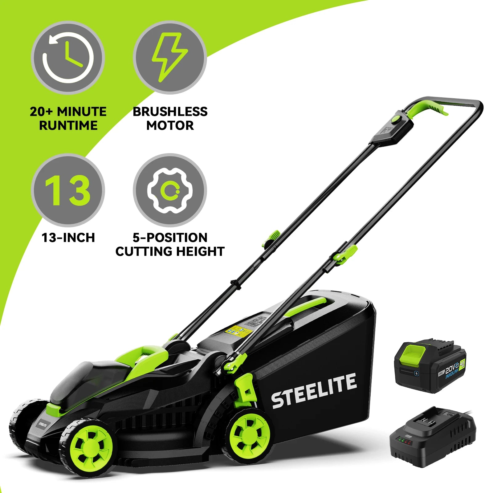 13" Electric Lawn Mower, Lightweight, Cordless, Brushless. 21V 4.0Ah Battery and Charger
