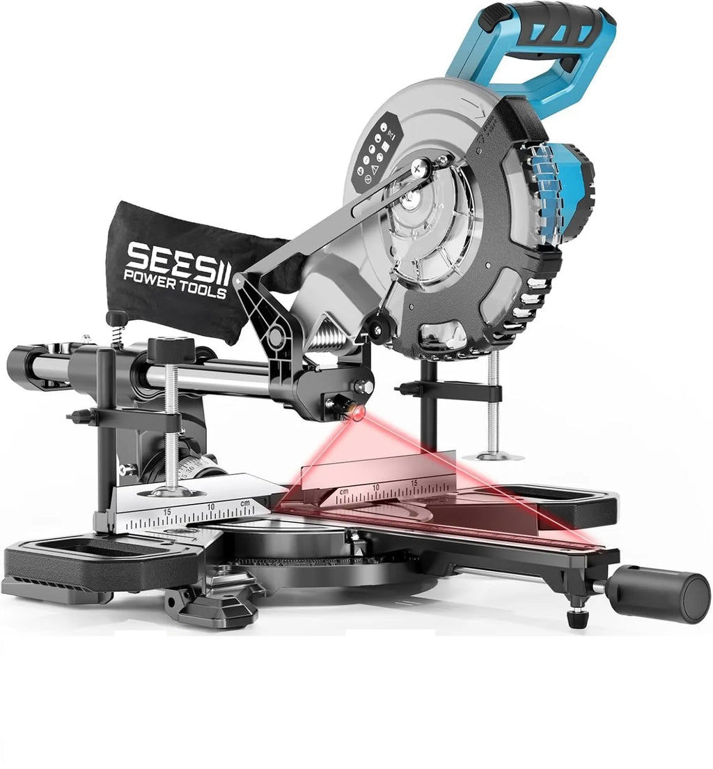 SEESII 8-Inch Sliding Compound Miter Saw Cordless Power Miter Saw with Laser Guide 2 pcs 5000 mAh Batteries Single Bevel 45° 24T TCT Blade Max Cut 2.5×12-inch Ideal for DIY & Woodworking