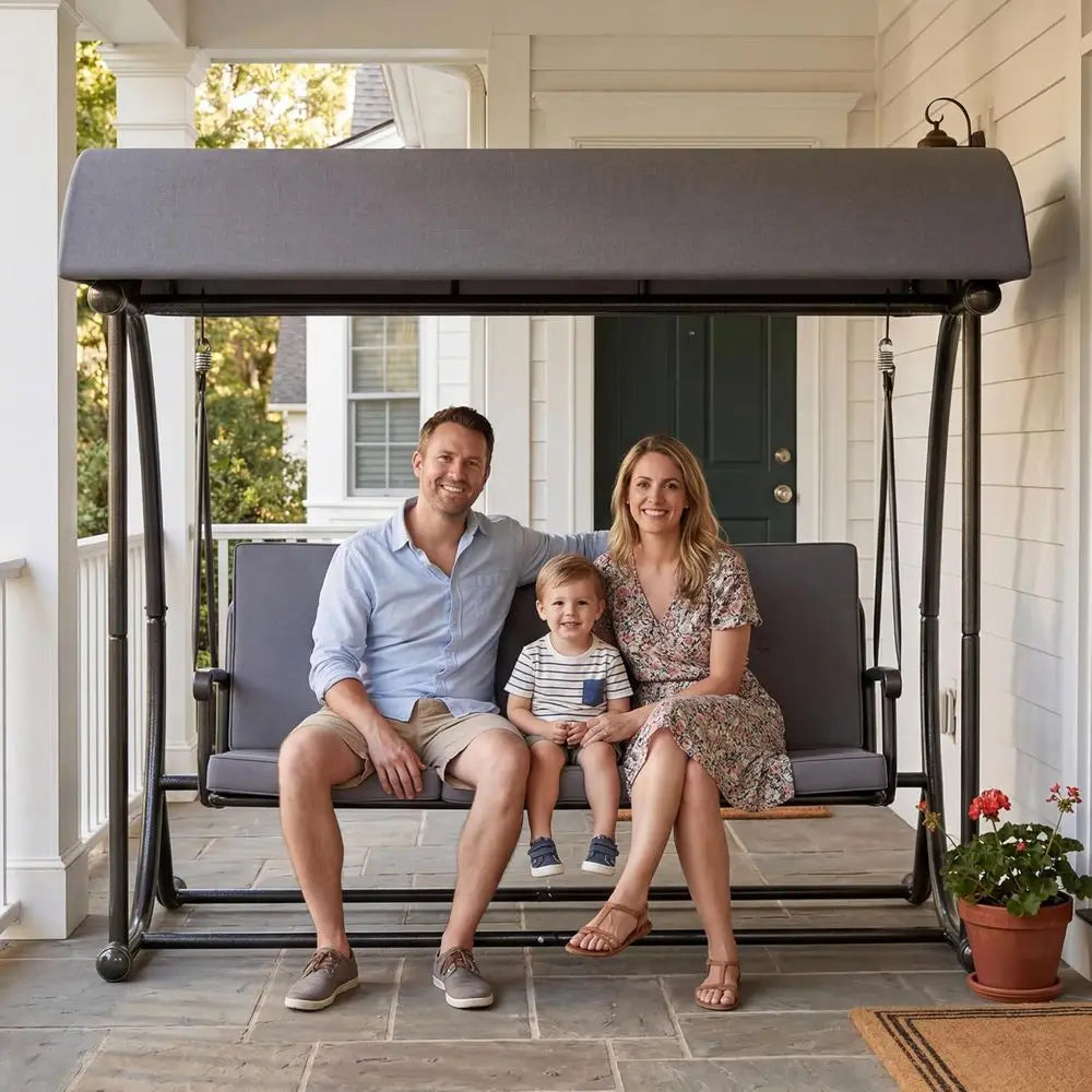 Patio Porch Swing Chair with Canopy, 3-Person Outdoor Hammock Bench with Comfortable Cushions