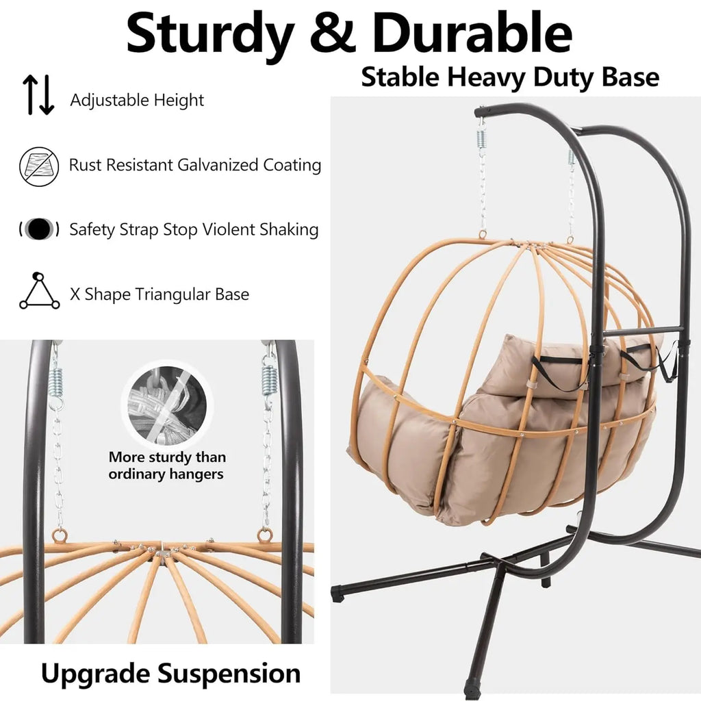 Double Egg Hanging Swing Chair with Stand Cushions Headrest 80"H Metal Basket for Indoor Outdoor Patio Deck Brown, Customized