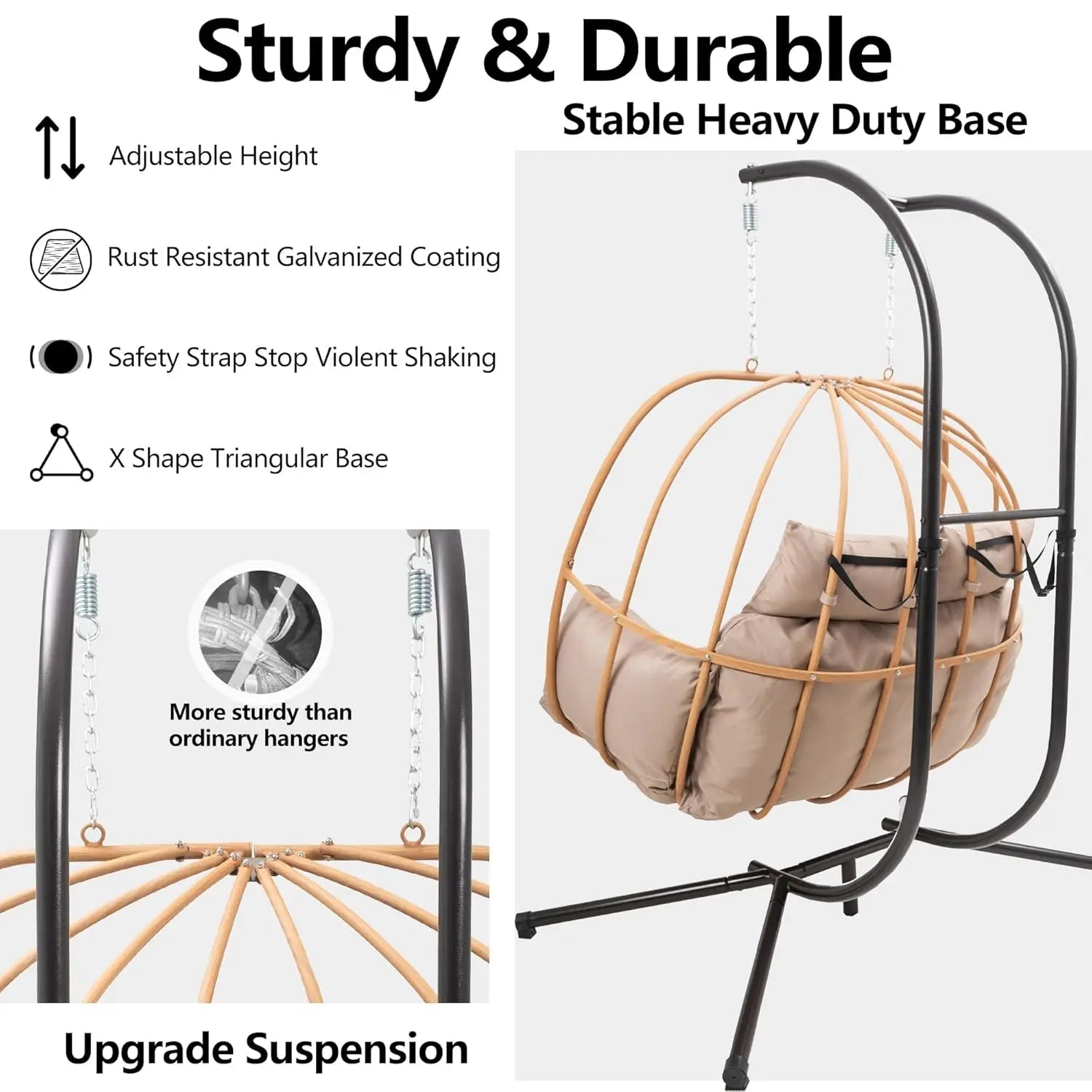 Double Egg Hanging Swing Chair with Stand Cushions Headrest 80"H Metal Basket for Indoor Outdoor Patio Deck Brown, Customized
