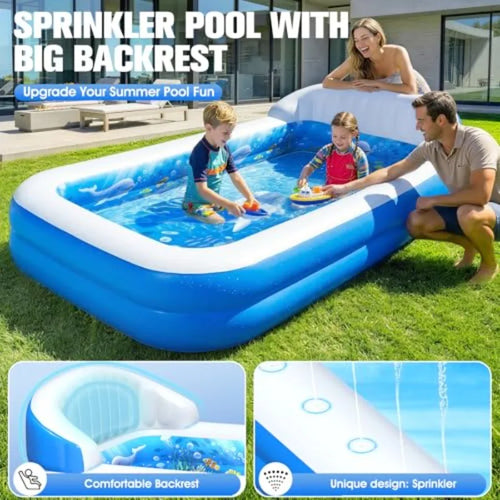2026 AixPool Inflatable Pool with Sprinkler, Durable Blow-up Pool with Big Backrest, Rectangle Pool Backyard, Swimming Pool, Small Infl