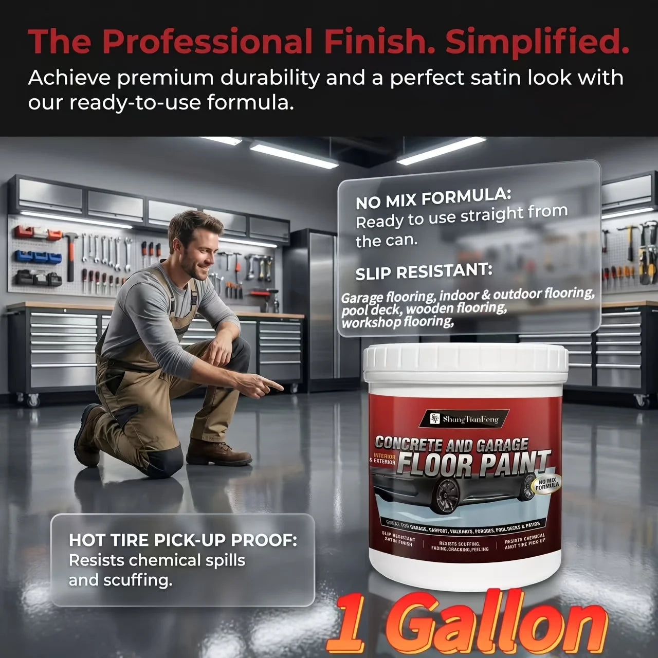 One-Gallon Three-in-One Epoxy Floor Coating: High-Wear-Resistant Acrylic Self-Leveling Floor Paint for Workshops, Garages, and Concrete Floors. Ideal for Floor Renovation and Refurbishment, Provides a Glossy Finish. Perfect f