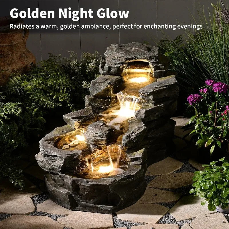 37" L Garden Outdoor Water Fountain, Standing 5-Tiers Waterfall, Natural Rock-Looking Waterfall, Outdoor Fountains with LED Lights for Patio,