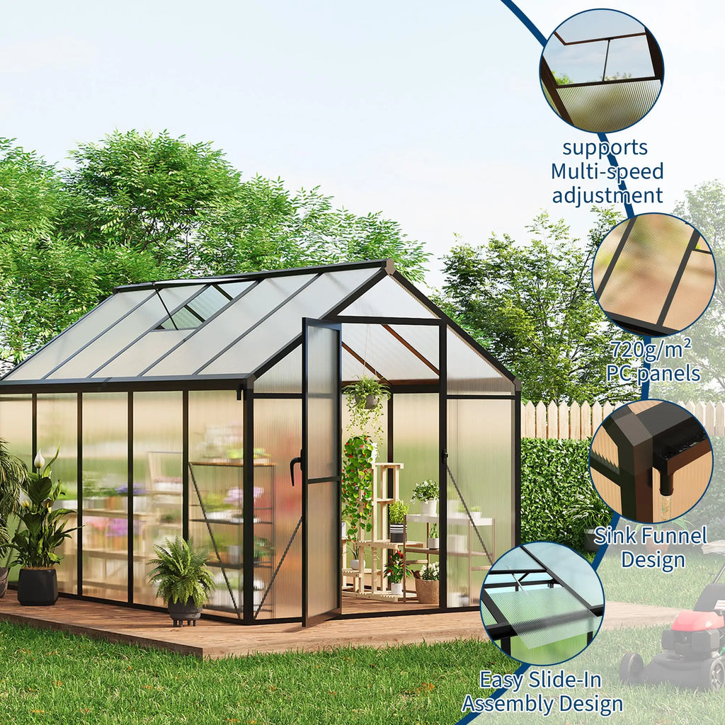 HiMiss 6x10 FT Polycarbonate Greenhouse For Outdoors, Aluminum Walk-In Greenhouse With Roof Vent & Lockable Door For Garden Backyard