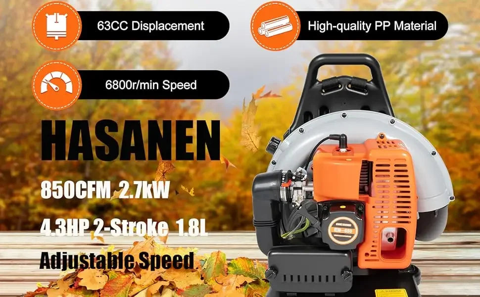 Hasanen Backpack Gas Powered Leaf Blower, Commercial 2.7kW 850CFM 63CC 4.3HP 2-Stroke Powerful Lightweight Gasoline Grass Lawn Blower w/Harness Air-Cooled & 1.8L Fuel Tank for Yard Lawn Care, Snow Removal