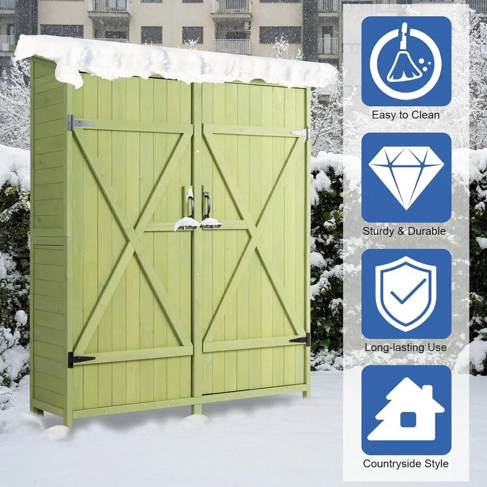 Extra Large Outdoor Wooden Storage Shed with 2 Shelves, Light Green Garden Tool Cabinet for Lawn Equipment
