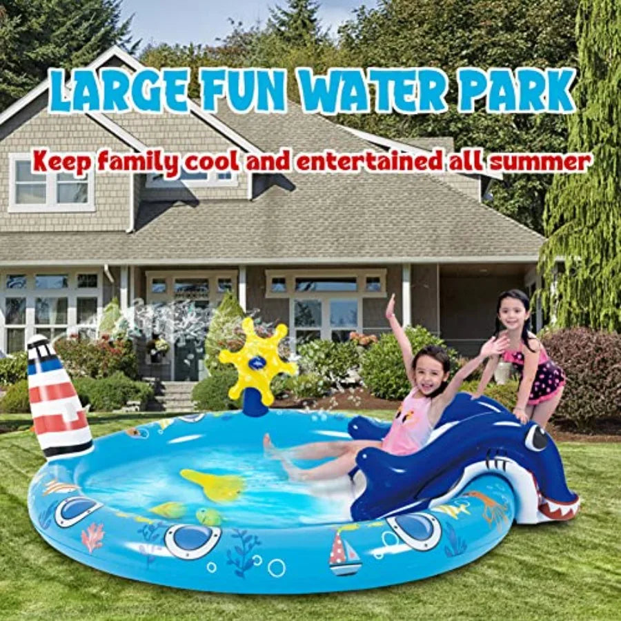 Kiddie Pool with Slide Inflatable Play Center Wading Lounge Pool, Marine Life Sprinkler, 60" x 25" Water Game Play Center for Kids