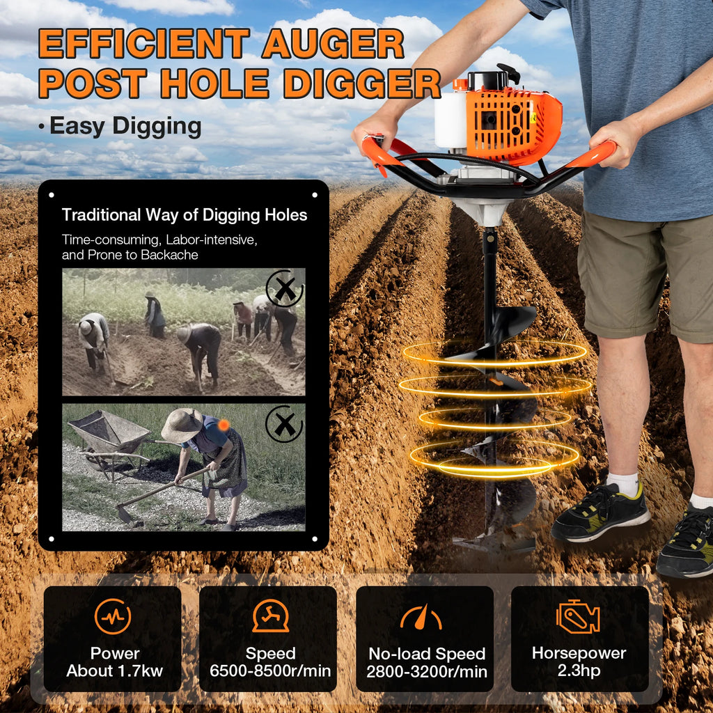 52cc Earth Auger Garden Power Floor Drill 2 Stroke Petrol Post Drill 3 Bits for Fence Post Hole Digger