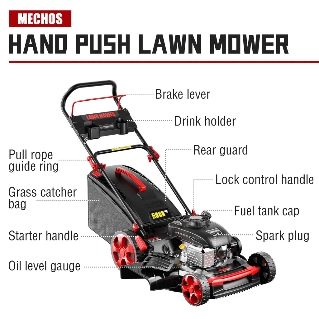 Mechos Gas Powered Push Lawnmower, Self-Propelled Gas Lawnmower, 21-Inch Cutting Deck, 201cc 4-Cycle Engine, 8 Levels Adjustable Cutting Height, 3-in-1 Functions (Bagging, Mulching and Side Discharge)