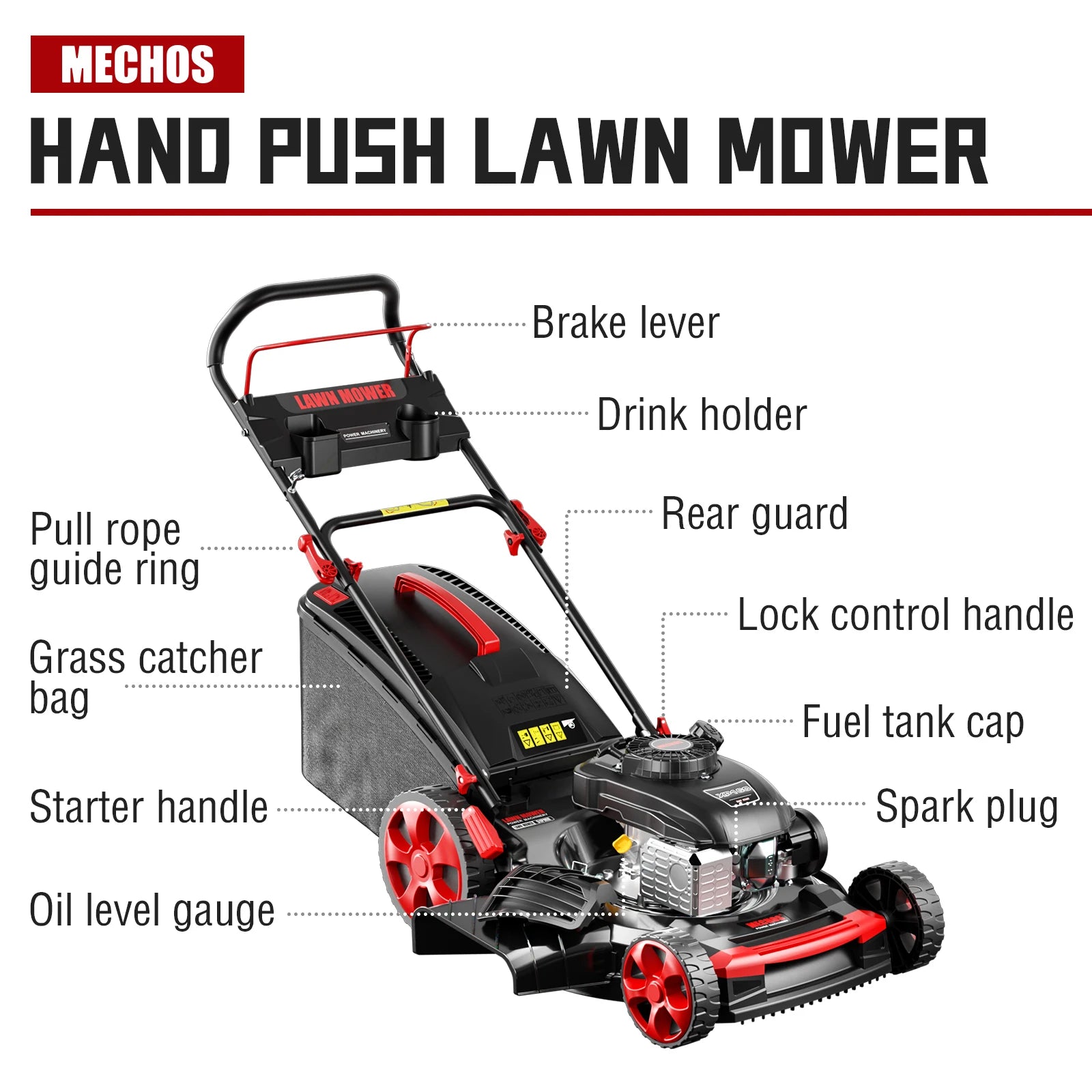 Mechos Gas Powered Push Lawnmower, Self-Propelled Gas Lawnmower, 21-Inch Cutting Deck, 201cc 4-Cycle Engine, 8 Levels Adjustable Cutting Height, 3-in-1 Functions (Bagging, Mulching and Side Discharge)