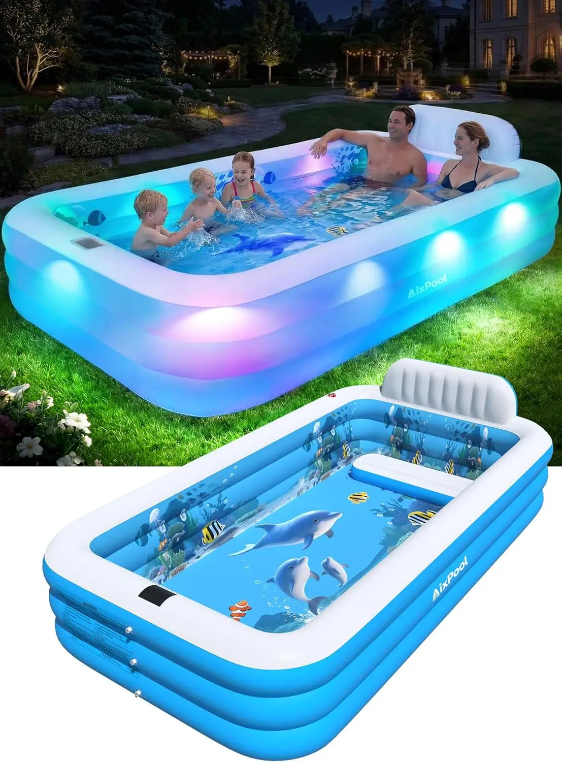 120x73x20in Inflatable Pool with Solar LED Lights, 3D Ocean Theme, for Adults & Kids