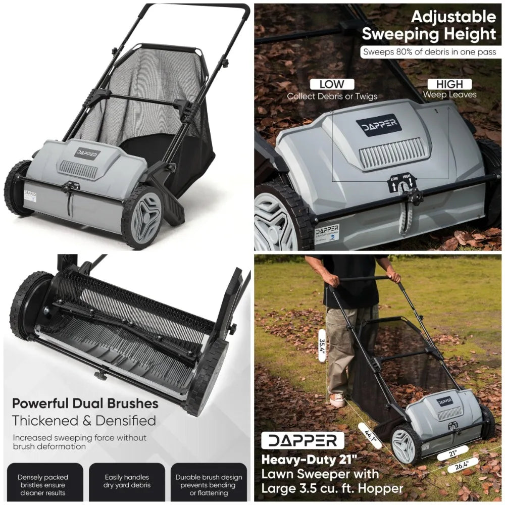 Dapper 21-Inch Push Lawn Sweeper Grass Lawn Leaf Cleanup Collector with Large 3.5 Cu. Ft. Hopper Bag for Yard Work