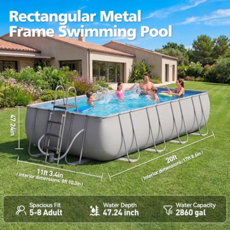 Backyard rectangular above ground pool set, Swimming pool w/steel frame with gray PVC liner, 18' x 9' x 47, includes removable ladder and filter