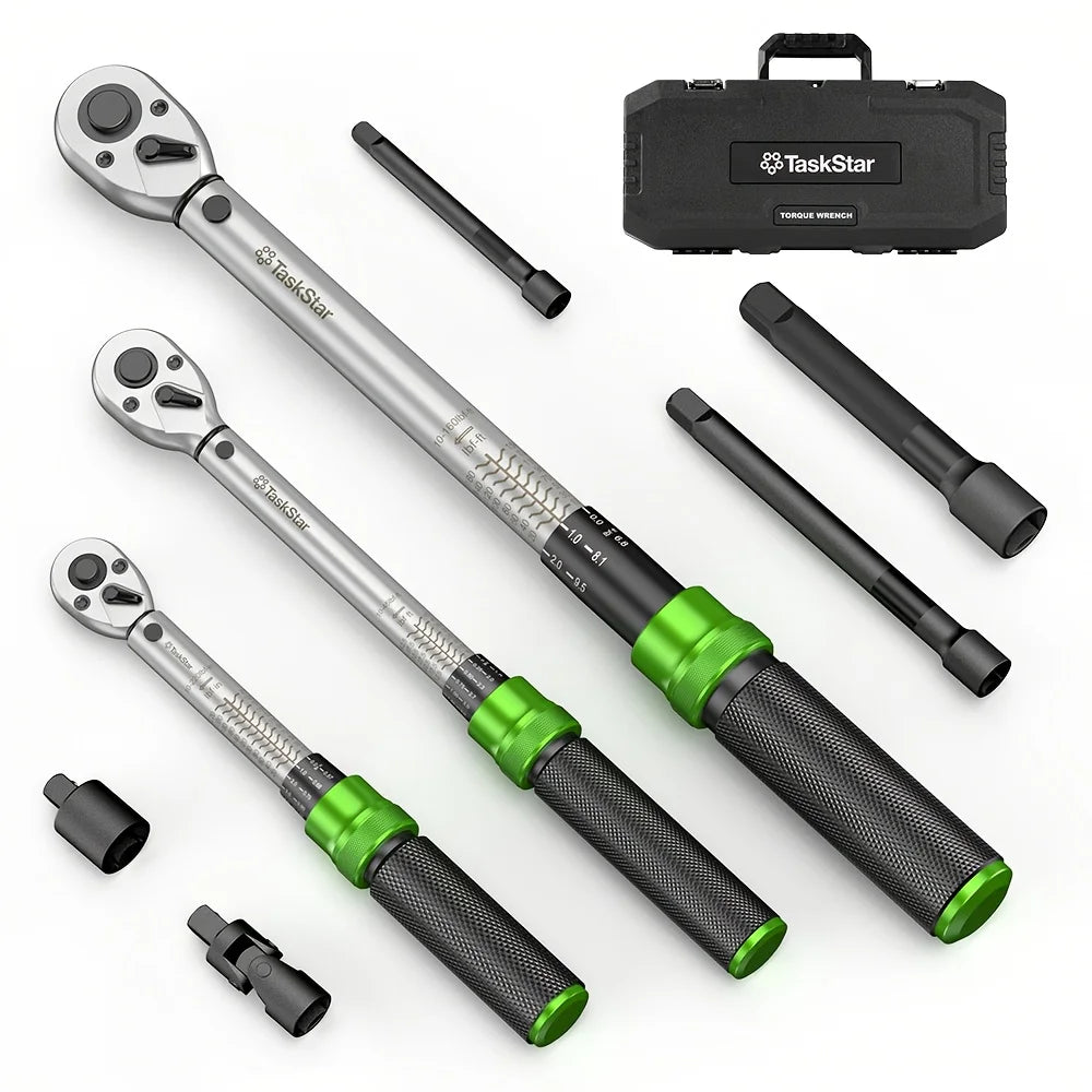 TaskStar 1/4" & 3/8" & 1/2" Drive Click Torque Wrench Kit 8pcs ±3% Accuracy 72 Tooth Dual Scale Ratchet Wrench for Bike/Moto Repair
